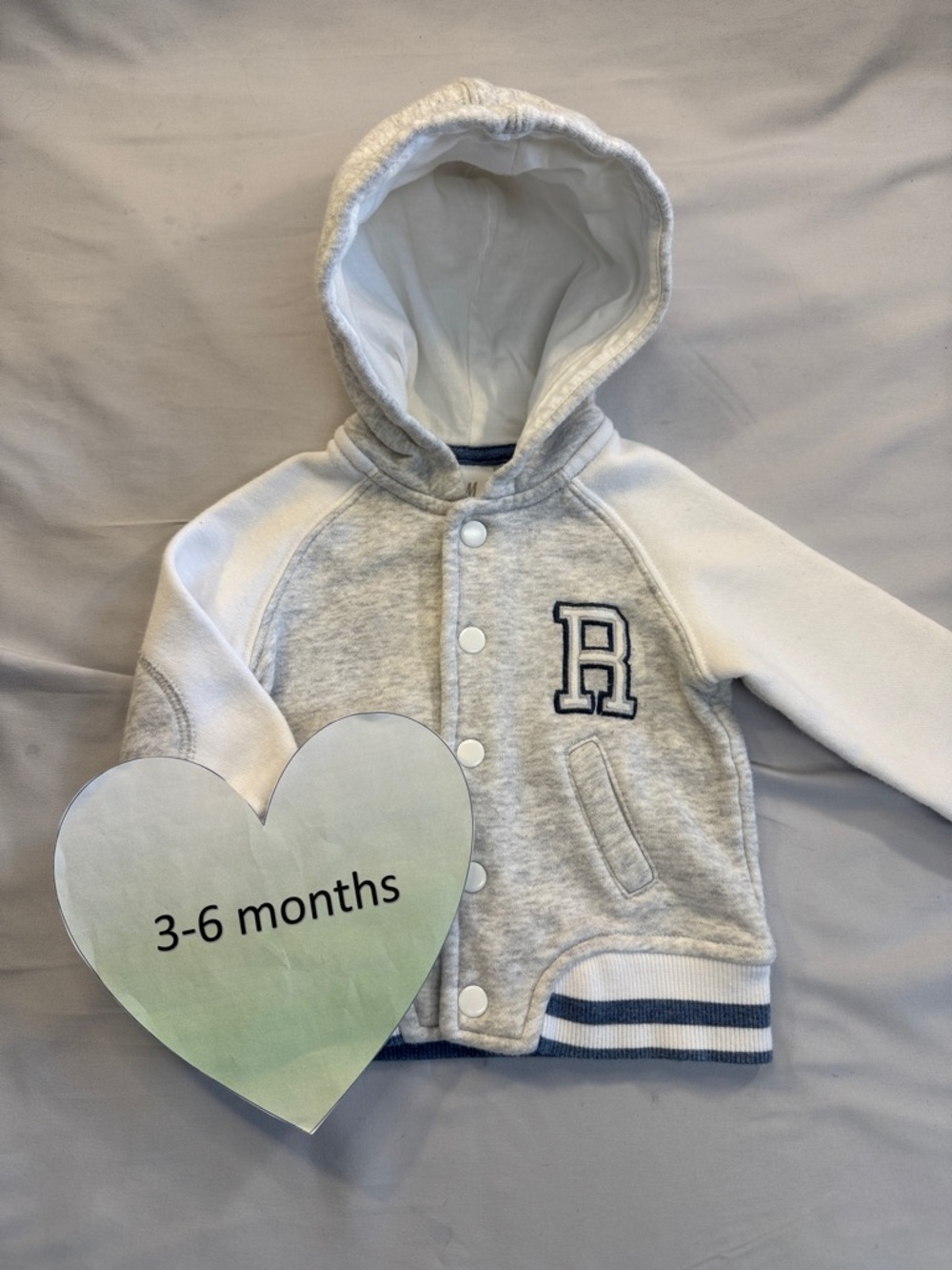 H&M Baby Hooded Varsity Jacket in Light Gray and White with Navy Trim